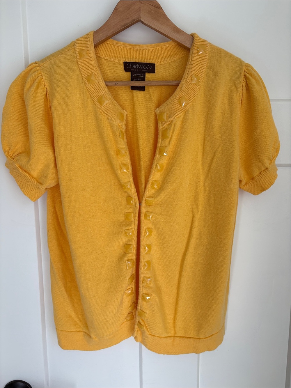 Chadwicks Bright Yellow Short-Sleeve Stud-Trim Cardigan